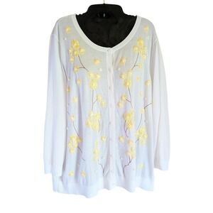 Talbots Cardigan Sweater 2X Butter Yellow Floral Embroidered Sequin Cottagecore